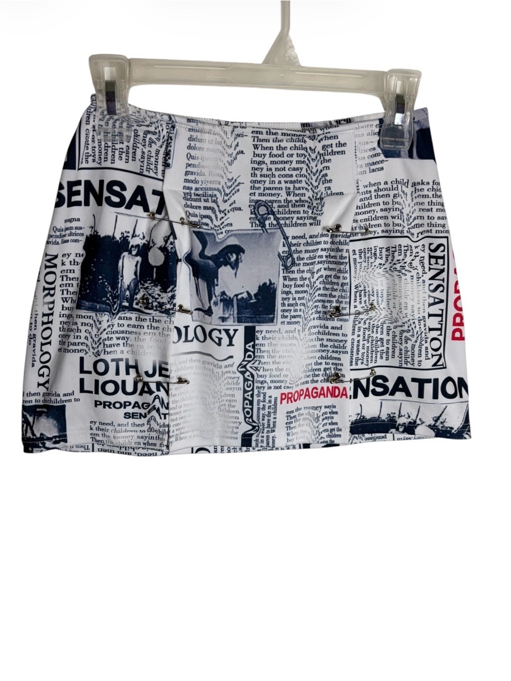 Newspaper print safety pin punk grunge mini skirt size S